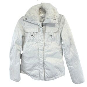Bebe Sport Down Puffer Jacket Y2K Rabbit Fur Collar White Winter Coat FLAWS